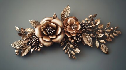 Naklejka premium A beautiful floral hair accessory with rich gold and brown tones, placed against a subtle gray background, adding sophistication and elegance.