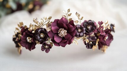 Fototapeta premium A beautiful maroon floral crown with gold accents, elegantly showcased, symbolizing beauty and luxury for weddings or celebrations.
