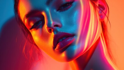 Fototapeta premium Close-up Portrait of a Young Woman with Neon Lights