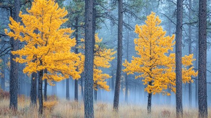 A misty morning forest scene with dew-covered leaves on tall pine trees, soft fog rolling between the trunks 