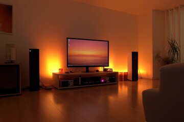 Cozy Living Room with Ambient Lighting, Modern Television Displaying Sunset View, Sleek Speakers, and Warm Glow Creating a Relaxing Atmosphere at Home