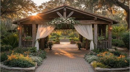 Fototapeta premium Rustic wooden wedding gazebo with floral arch.