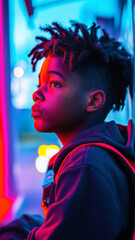 Obraz premium Teenage boy waiting at a bus stop under neon lights in the evening