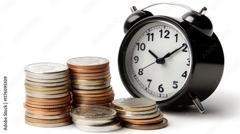 Poster a close-up of an alarm clock next to stacked coins, illustrating the relationship between time and w