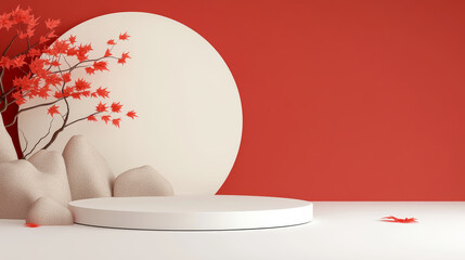 E-commerce product exhibition booth with red leaf background