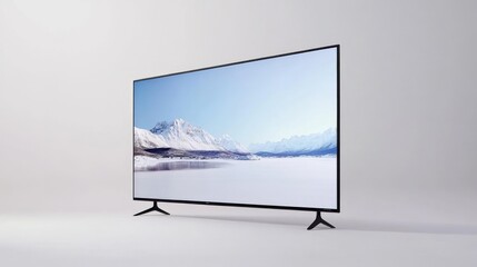 Fototapeta premium A sleek television displaying a serene mountain landscape.