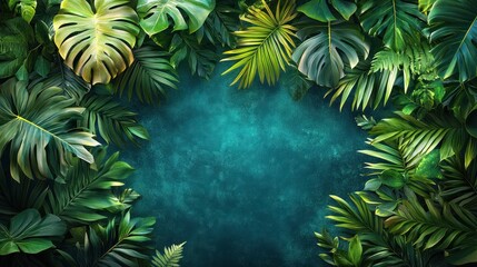 Fototapeta premium Lush green leaves frame a vibrant turquoise background, ideal for nature-themed designs.