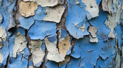 Obraz premium A close-up view of weathered blue paint on the cracked bark of a tree, blending the colors of nature and man-made paint, capturing the essence of time.