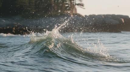 Fototapeta premium A close-up of ocean waves crashing against rocky shores, capturing the splashes and textures of water with a serene and tranquil ambiance.