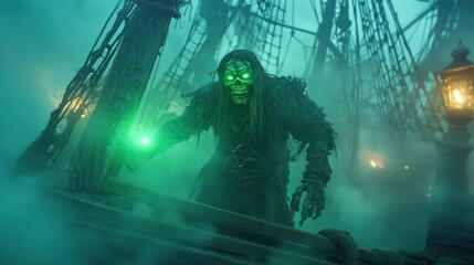 Naklejka premium A pirate ghost aboard a broken shipwreck, glowing green with tattered sails and misty ocean background, 