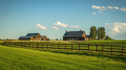 A serene horse ranch with sleek, muscular horses galloping freely under a blue sky, barn and wooden fences nearby 