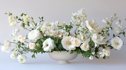 A delicate and elegant arrangement of soft white and cream flowers, set against a light background, radiating simplicity and grace.