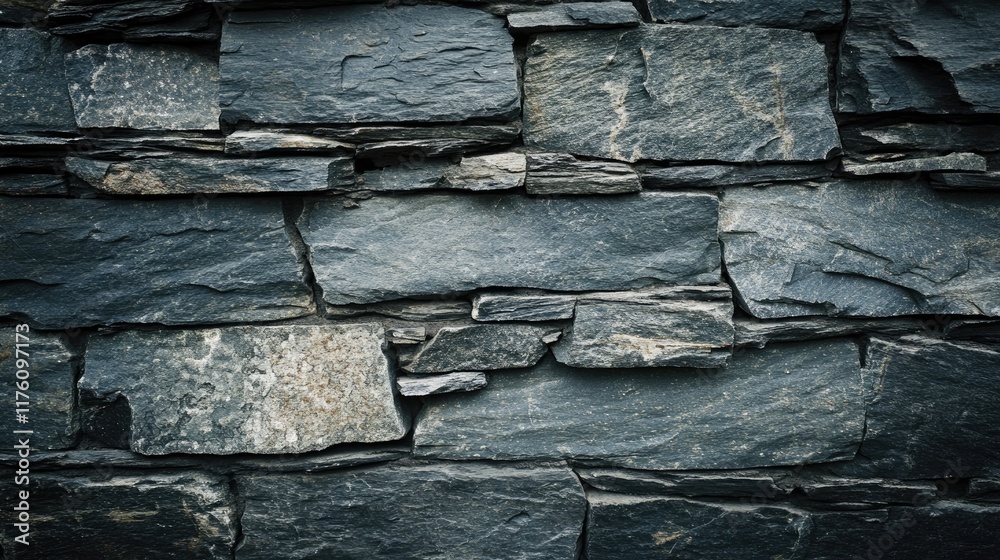 Poster a detailed view of a dark slate stone wall, perfect for modern architectural applications, offering 