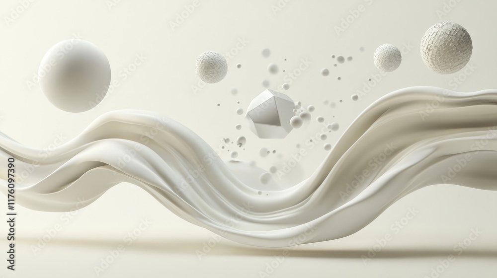 Poster A dynamic, abstract creamy wave with floating geometric shapes, including spheres and cubes, evoking a futuristic and smooth design.