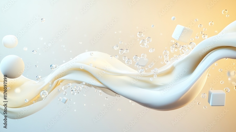 Poster A dynamic, abstract creamy wave with floating geometric shapes, including spheres and cubes, evoking a futuristic and smooth design.