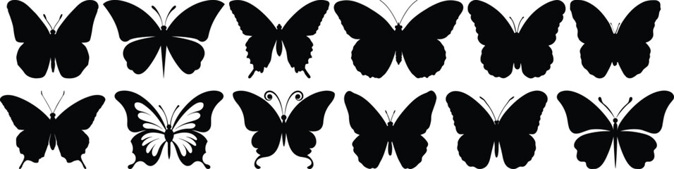 Butterfly silhouettes set, insect pack of vector silhouette design, isolated background