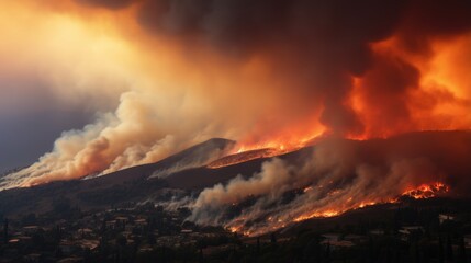 Fototapeta premium Volcanic Eruption Unleashes Devastating Flames and Smoke in Cautionary Landscape