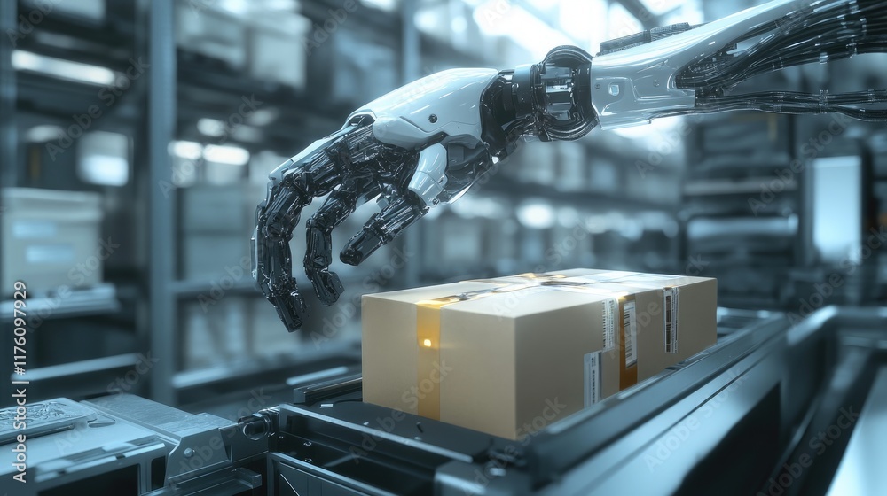 Aufkleber a futuristic robotic arm handling a package in a modern, automated warehouse, showcasing advanced te