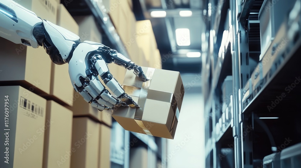 Aufkleber a futuristic robotic arm handling a package in a modern, automated warehouse, showcasing advanced te