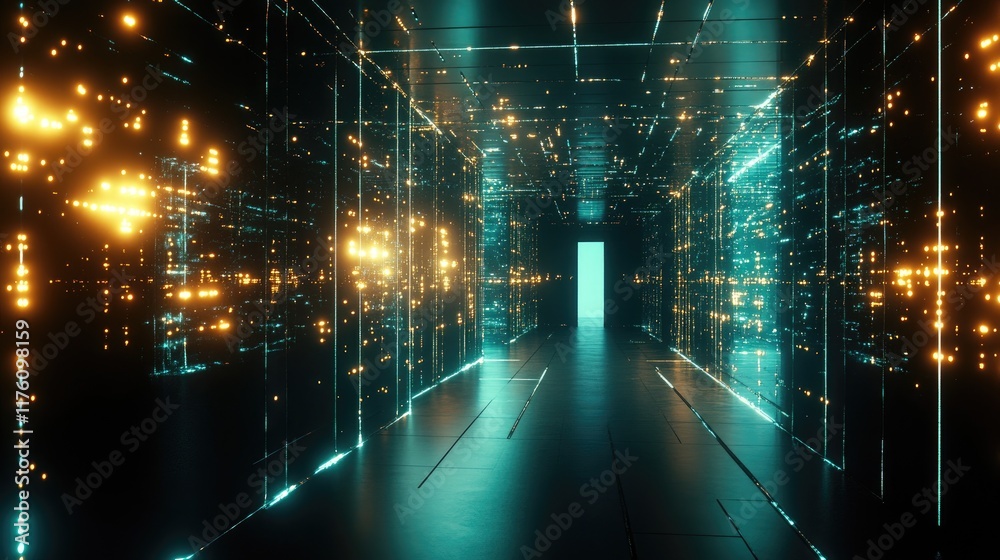 Poster A glowing abstract surface filled with luminous nodes, suspended in dark space, creating a futuristic and high-tech atmosphere.