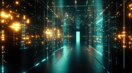 Fototapeta premium A glowing abstract surface filled with luminous nodes, suspended in dark space, creating a futuristic and high-tech atmosphere.