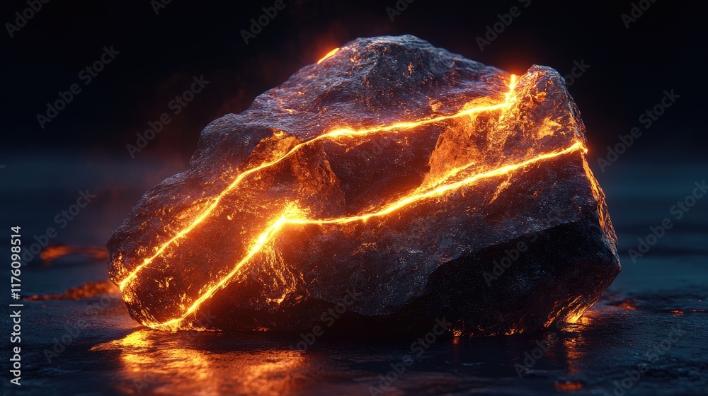 Poster a glowing rock with neon lines cutting through it, resting on a dark surface, embodying the essence 