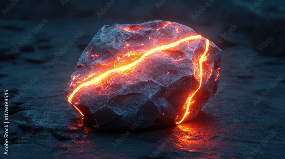 Poster a glowing rock with neon lines cutting through it, resting on a dark surface, embodying the essence 