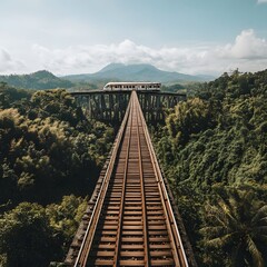 Obraz premium A train crosses a bridge surrounded by lush greenery and mountains under a clear sky.