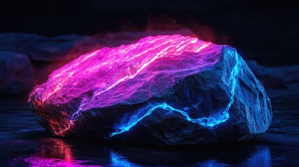 Obraz premium A glowing rock with vibrant neon cracks, resting on a dark surface, creating a bold and futuristic scene filled with energy and mystery.