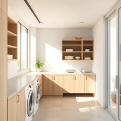 a spacious and well-designed laundry room that combines functionality with a modern aesthetic. Washer and Dryer. Benchtop. Cabinetry. Natural Light. Basin. Color Scheme. Flooring. 

