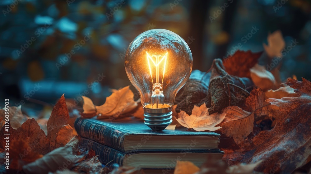 Poster a light bulb shining brightly amidst a pile of books and decorative leaves, symbolizing the spark of