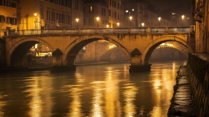 Fototapeta premium A picturesque scene of Verona's Ponte Pietra bridge, soft reflections in the water below 