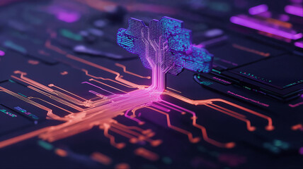 Glowing neural circuit tree on futuristic processor, Advanced artificial intelligence technology concept