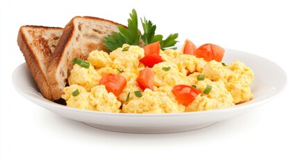 A plate of scrambled eggs with toast and tomatoes.