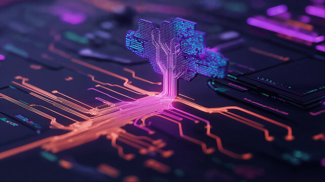 Glowing neural circuit tree on futuristic processor, Advanced artificial intelligence technology concept