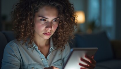 A young woman with curly hair intently engages with her tablet in a softly lit living room, creating an atmosphere of concentration and curiosity. The warm glow from a nearby lamp enhances the cozy