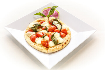 A slice of pizza with cheese and tomatoes on a white plate