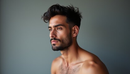 Obraz premium A striking portrait of a young man with tousled dark hair and a well-groomed beard, gazing thoughtfully into the distance. His intense expression and chiseled features evoke a sense of introspection