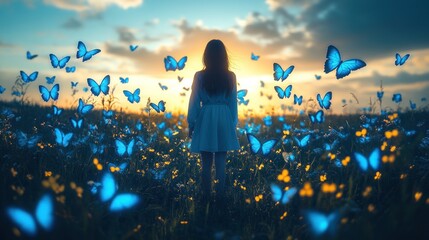 Silhouetted woman in field of glowing blue butterflies at sunset. © RONNY