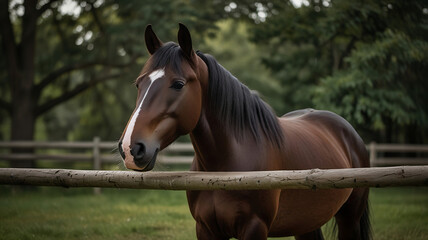 Obraz premium Portrait of a majestic brown horse on the pasture. Equine beauty in the countryside