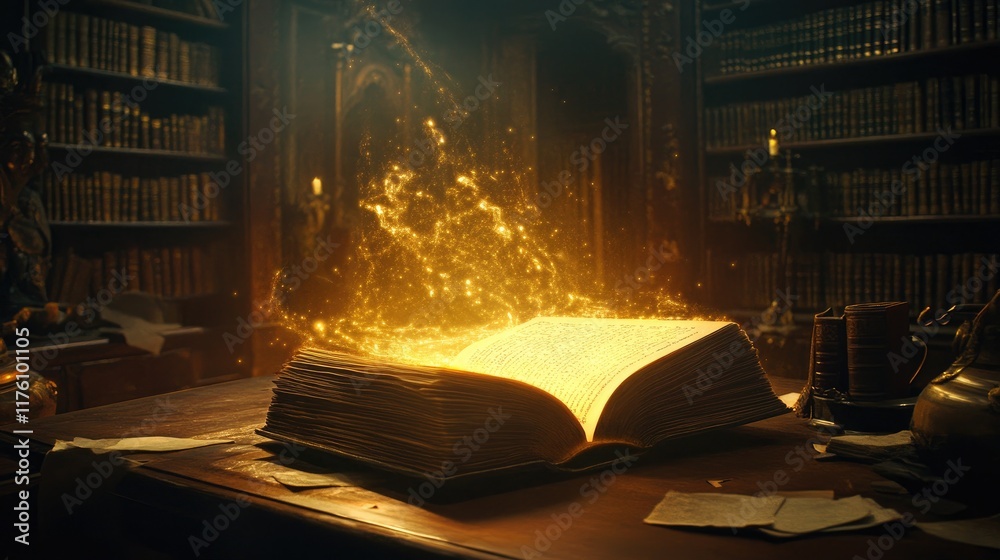 Aufkleber a mysterious book with a glowing aura, open on a desk in a dimly lit library, casting an ethereal li