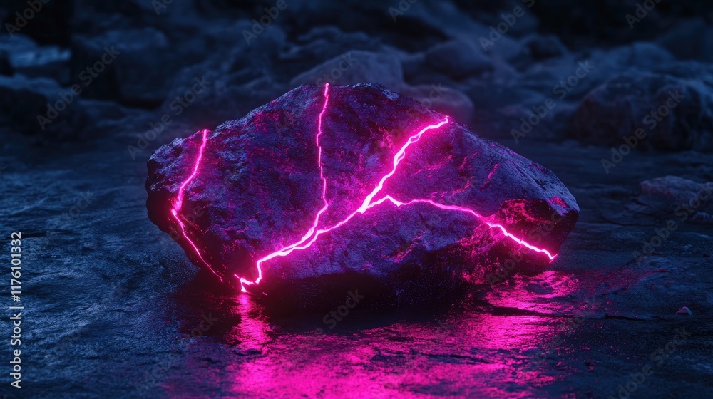 Poster a neon-infused glowing rock on a dark surface, showcasing futuristic technology with mesmerizing cra
