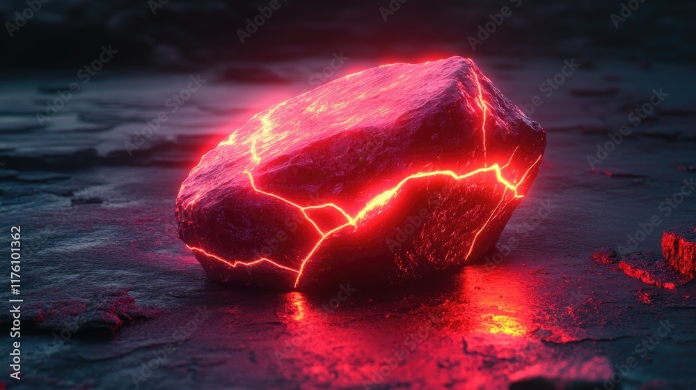 Poster a neon-infused glowing rock on a dark surface, showcasing futuristic technology with mesmerizing cra