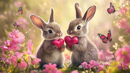 Obraz premium A pair of lovable bunnies clutching hearts, surrounded by blooming pink flowers and butterflies, embodying a joyful, lighthearted atmosphere.