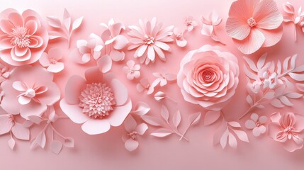 A pastel pink background decorated with textured paper flowers, evoking elegance and beauty in a serene and stylish floral design.