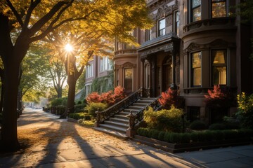 Autumn sunrise illuminates a charming brownstone street, Boston. Ideal for real estate, travel, or seasonal brochures.
