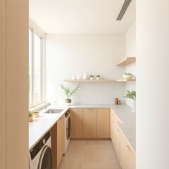 a spacious and well-designed laundry room that combines functionality with a modern aesthetic. Washer and Dryer. Benchtop. Cabinetry. Natural Light. Basin. Color Scheme. Flooring. 

