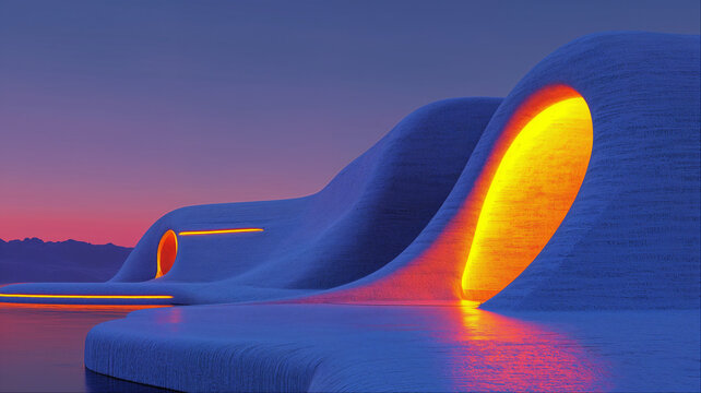 Futuristic orange neon tunnel with curves, minimal architectural lighting design