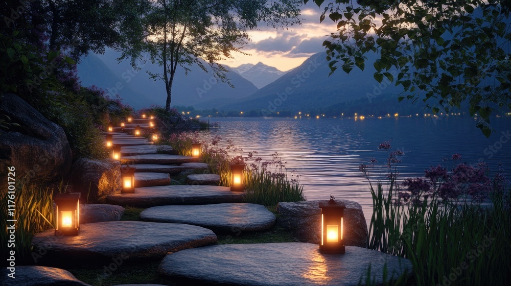 Poster a peaceful lakeside stone path at dusk, lit by glowing lanterns, with stunning mountain views in the