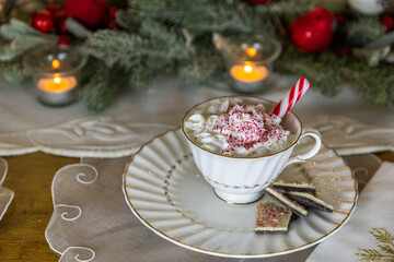 Peppermint hot chocolate with whipped cream and peppermint bark